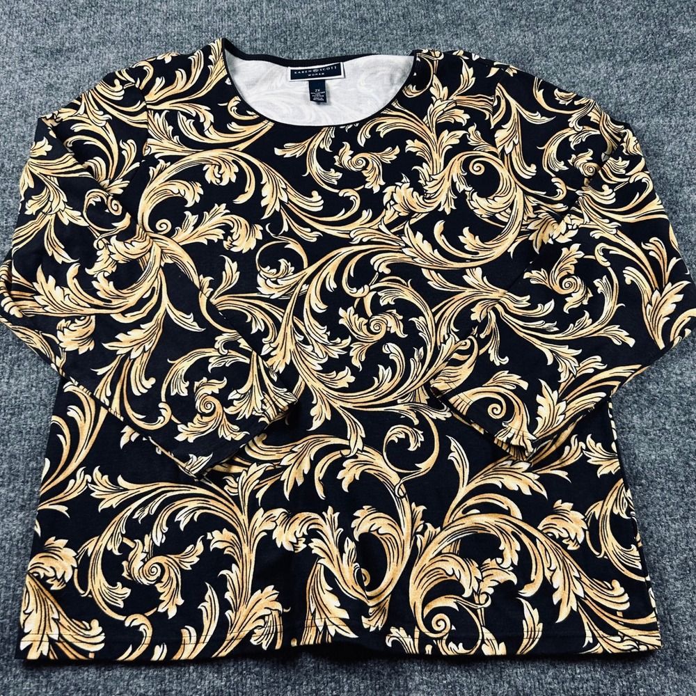 Karen Scott Woman Black Gold Baroque Scroll Print Long Sleeve Top 2X